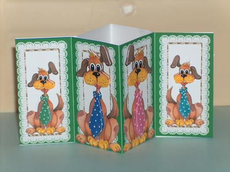 Googley Eyed Dogs with Nodding Heads Green Diamond Fold Card by Moragh Hunt