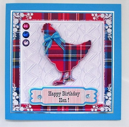 Happy birthday Hen Royal Stewart tartan card topper for 6x6 card by isobel bulloch
