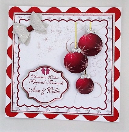 6 x 6 in red baubles card front by isobel bulloch