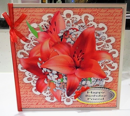 Beautiful Orange  Lillies on Cut out lace  by isobel bulloch