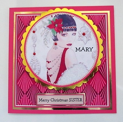 Art Deco female Christmas card topper for 6x6 card by isobel bulloch