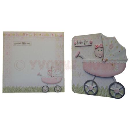 Baby Girl Pram Shaped Fold Card Kit by Yvonne Munn