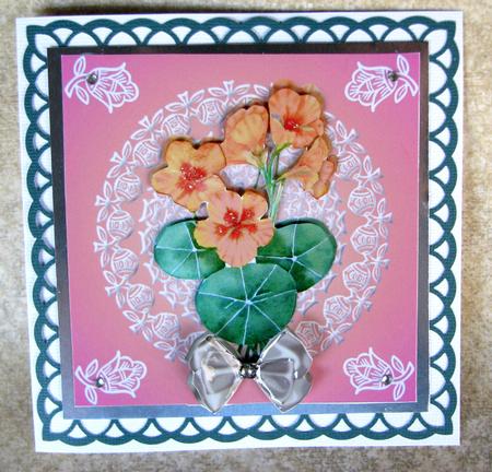 Peach Nasturtiums on Lace D'oiley by Nancy Boatwright