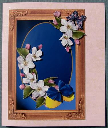 3D Frame Card Blue Velvet with Dogwood,gold Tags and Bow by Nancy Boatwright