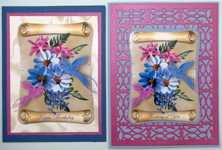 Flowers and Bluebirds on a Scroll A4 by Nancy Boatwright