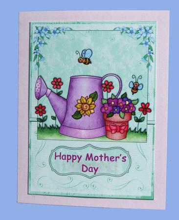 Mothers Day Watering Can and Flowers Card Front by Nancy Boatwright