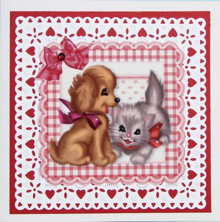 Puppy and Kitten Playing in Gingham Frame with Bow by Nancy Boatwright