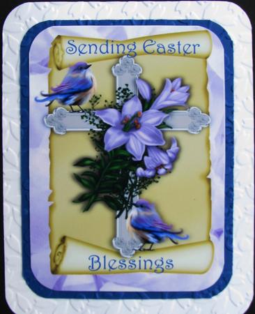 Easter Cross on a Scroll with Purple Lilies and Birds A4 by Nancy Boatwright
