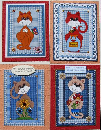 4 Blue Cute Cat Toppers by Nancy Boatwright