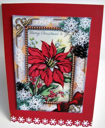 Red Poinsettia Snow 7x5inch Picture Card Front and Frame by Nancy Boatwright