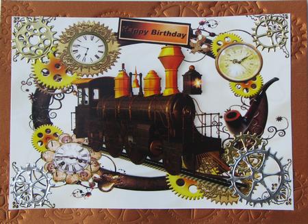 Steampunk Train in Frame with Clocks for Birthday A4 by Nancy Boatwright
