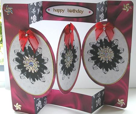 Red Satin and Black Lace Oval Folded Pop Out Card by Nancy Robinson