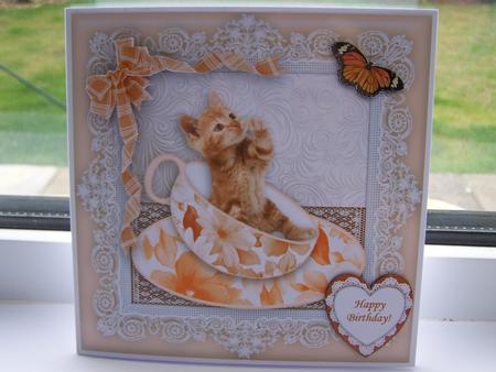 Teacup Kitten & Butterfly in Peach Frame - 8" x 8" Topper by Michelle Wesley