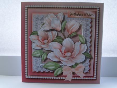 Beautiful Pink Magnolias on Lace with Pearls  by Michelle Wesley