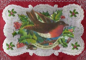 Beautiful Christmas Robin Quick Card on Lace Backing Paper by Kay Bowley
