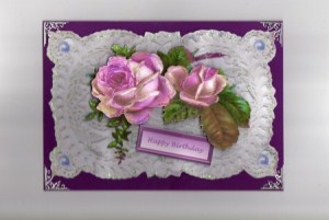Elegant Pink Rose's on Ecru Lace Background by Kay Bowley