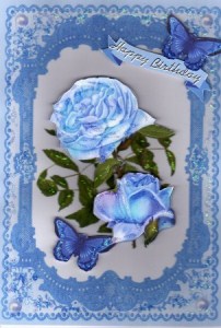 Elegant Iridescent Blue Rose's on Matching Blue Frame Lace by Kay Bowley