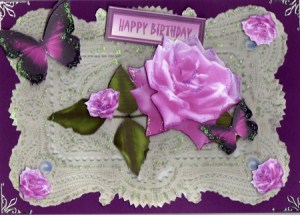 Stunning Elegant Cerise Pink Rose on Ecru Lace by Kay Bowley