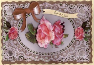 Beautiful Pink Rose on Framed Ecru Lace Background Quick Card by Kay Bowley