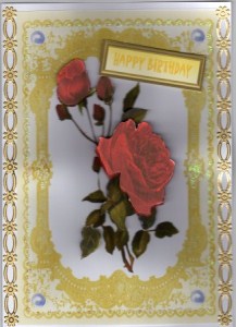 Elegant Red Roses on Pretty Gold Frame Lace by Kay Bowley