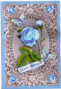 Elegant Blue Rose on Lace Frame by Kay Bowley
