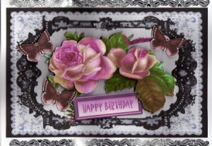Elegant Pink Roses in Landscape on Black Lace Frame by Kay Bowley