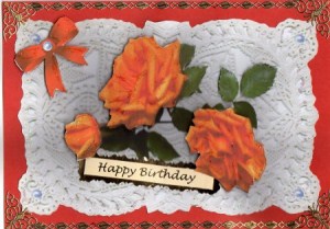 Elegant Floral Rose in Shades of Orange on Lace Background Quick Card by Kay Bowley