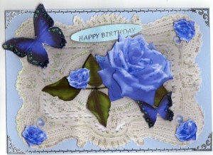Stunning Elegant Blue Rose on Ecru Lace by Kay Bowley