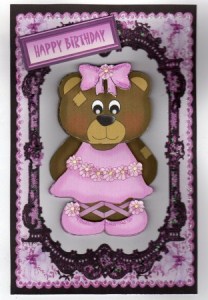 Cute Bear in Pink on Lace Background by Kay Bowley