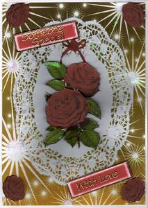 Pretty Red Roses on White Lace by Kay Bowley