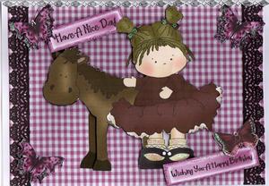 Cute Girl with Horse on Pink Check Background with Butterflies by Kay Bowley