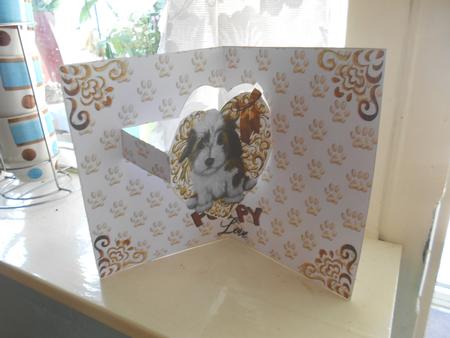 Cute Little Puppy on a Gold Heart with Bow Pop Up by Kay Bowley