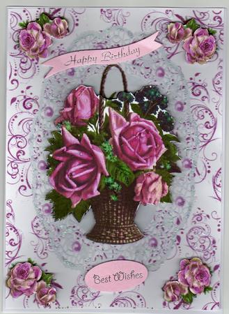 Beautiful Basket of Roses on Lace with Pearls, A4 Topper by Kay Bowley