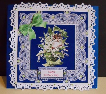 Vintage Cat & Lily of Valley Square Lace Card Front by Nikki Bevan