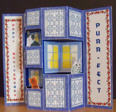 Kitty Cats on Balcony Windows Blue Concertina Card Kit by Nikki Bevan