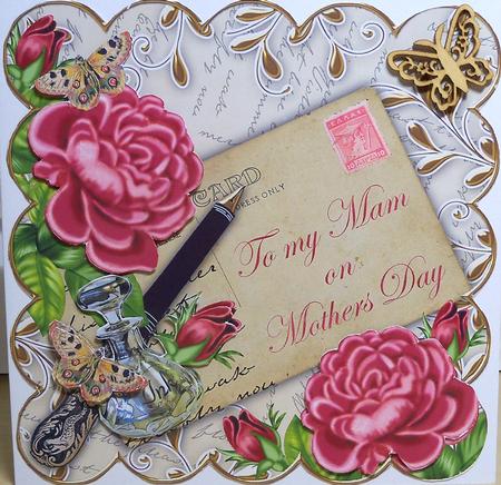 Deep Pink Rose Cream Mam Mothers Day 8in Decoupage Topper by Nikki Bevan