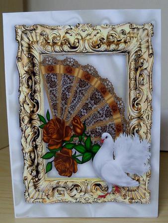 Gold Roses on Lace Fan with Dove in Gold Baroque Frame A4 by Nikki Bevan