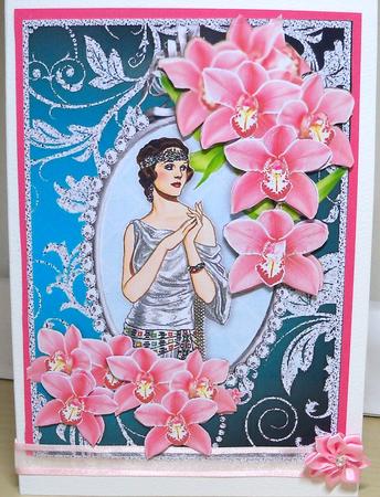 Decoupage Red Orchids Vintage Lady in Art Deco Dress - Jade by Nikki Bevan