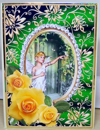 Yellow Roses Fairy Child in White Dress - Green Card Front by Nikki Bevan