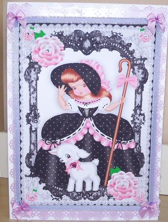 Bo Peep in Pink/black in Black Lace Frame with Roses A4 by Nikki Bevan
