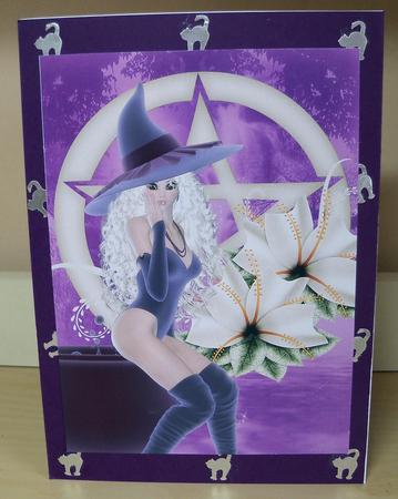 Pretty Witch in Purple with Pentacle A4 Card Front in Blonde by Nikki Bevan