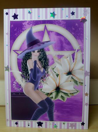 Pretty Witch in Purple with Pentacle A4 Card Front Brunette by Nikki Bevan