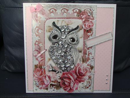 Diamond Owl with Pink Roses and Butterfly by MARION CORBETT