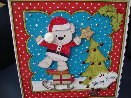 8x8 Xmas Livvy Bear Dressing the Tree Mini Kit 3D Decoupage by MARION CORBETT