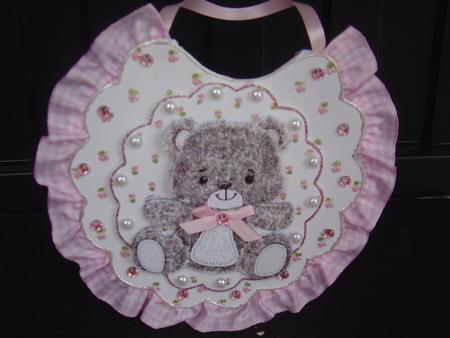 Little Silver Bear with Pink Roses and Bows Rocker Card by MARION CORBETT
