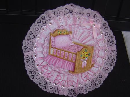 Baby Girls Pink Rocker Crib, on Lace Rocker Card by MARION CORBETT