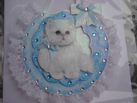 Fluffy White Kitten with White Butterflies Rocker Card by MARION CORBETT