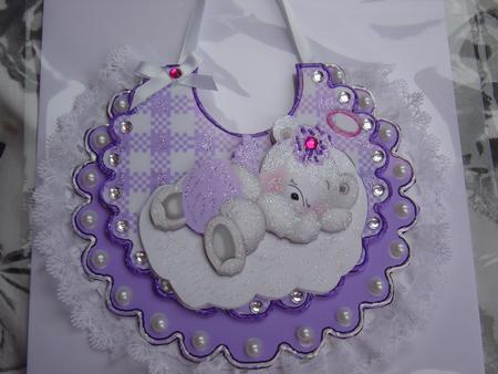 Sleepy Little Angel Bear in Purple on a Cloud, on Bib by MARION CORBETT