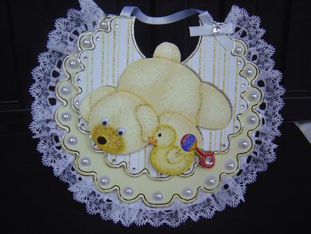 Yellow Bear with Yellow Duck and Rattle on Striped Bib Featured Gallery Photo