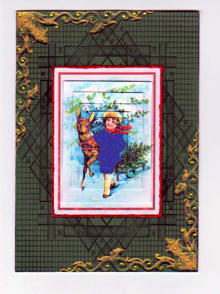 Vintage Boy and Reindeer Card Front with Pyramage by Norma Howgate